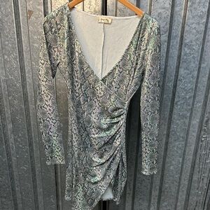 Iridescent Snake-Print Ruched Mini Dress - Silver/Green